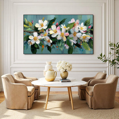 Textured Floral Oil Painting On Canvas, Soft Spring Wall Art, Framed Ready-to-Hang Home Decor – Teal and White Floral Wall Ar