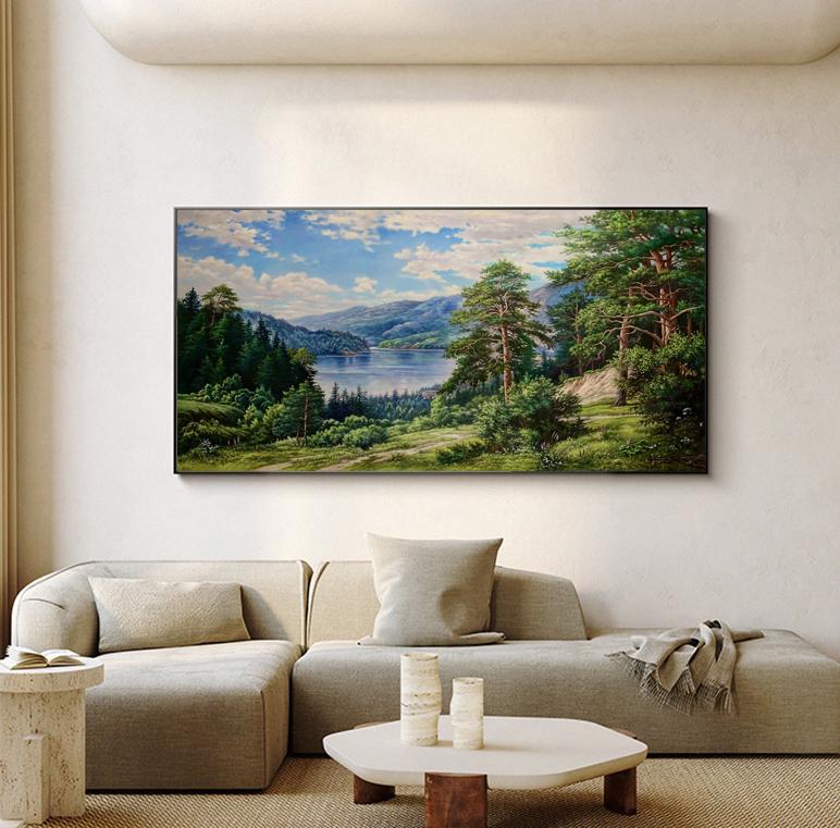 Classical Landscape Oil Painting on Canvas, Original Forest and Stream Canvas Wall Art, Large Modern Trees and River Artwork for Living Room
