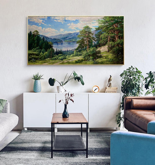 Classical Landscape Oil Painting on Canvas, Original Forest and Stream Canvas Wall Art, Large Modern Trees and River Artwork for Living Room