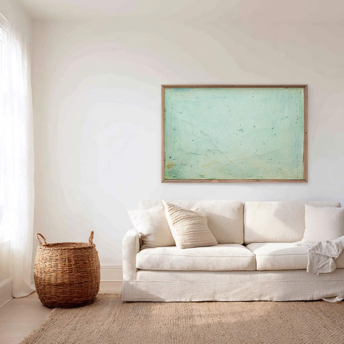 Blue Green Abstract Painting: Teal Beige Wall Art, 40"x30"
