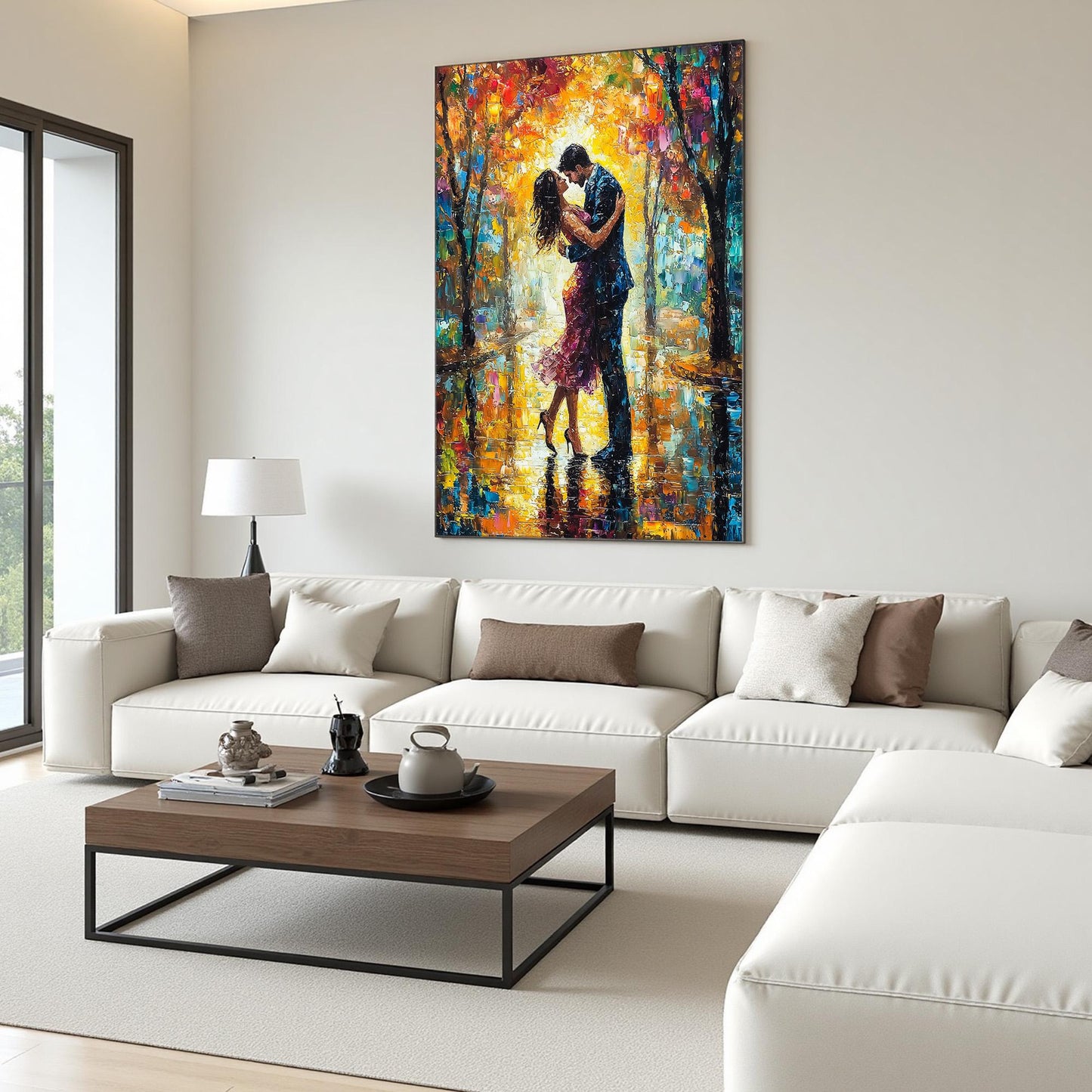Abstract Couple Embrace Figure Portrait Wall Art – Textured Canvas Painting
