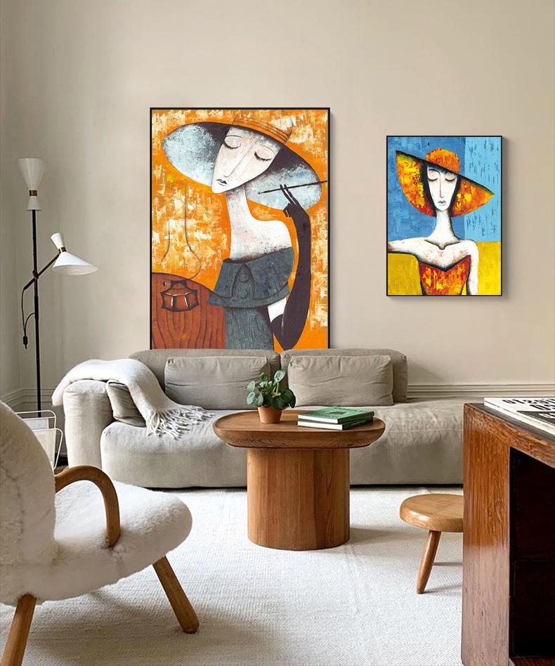 Large Abstract Lady Canvas Wall Art, Hand-painted Woman Oil Painting on Canvas, Modern Textured Figure Wall Art for Living Room, Home Décor