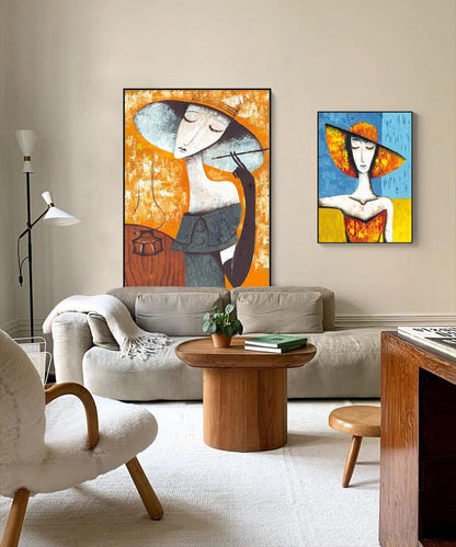 Large Abstract Lady Canvas Wall Art, Hand-painted Woman Oil Painting on Canvas, Modern Textured Figure Wall Art for Living Room, Home Décor