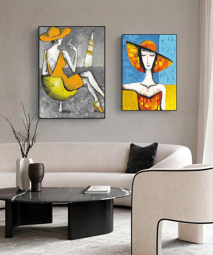 Large Abstract Lady Canvas Wall Art, Hand-painted Woman Oil Painting on Canvas, Modern Textured Figure Wall Art for Living Room, Home Décor