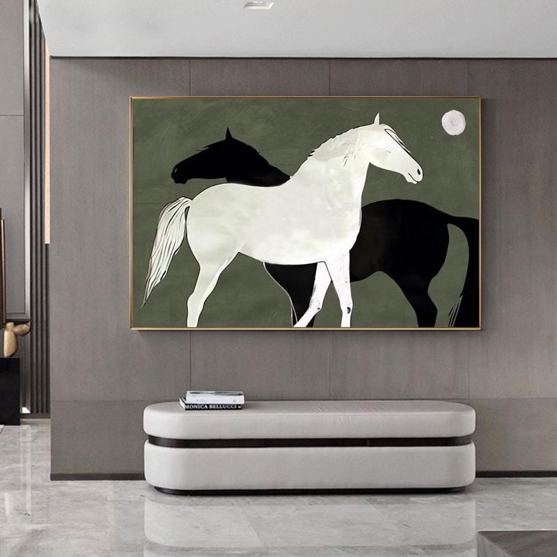 Abstract Black and White Horses oil painting on Canvas, Large Original Horse Canvas Art, Modern Animal Painting for Living Room, Home Décor