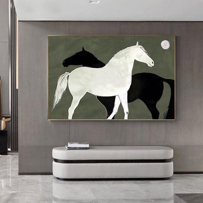 Abstract Black and White Horses oil painting on Canvas, Large Original Horse Canvas Art, Modern Animal Painting for Living Room, Home Décor