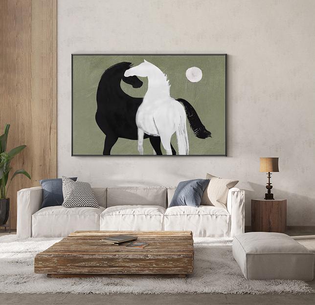 Abstract Black and White Horses oil painting on Canvas, Large Original Horse Canvas Art, Modern Animal Painting for Living Room, Home Décor