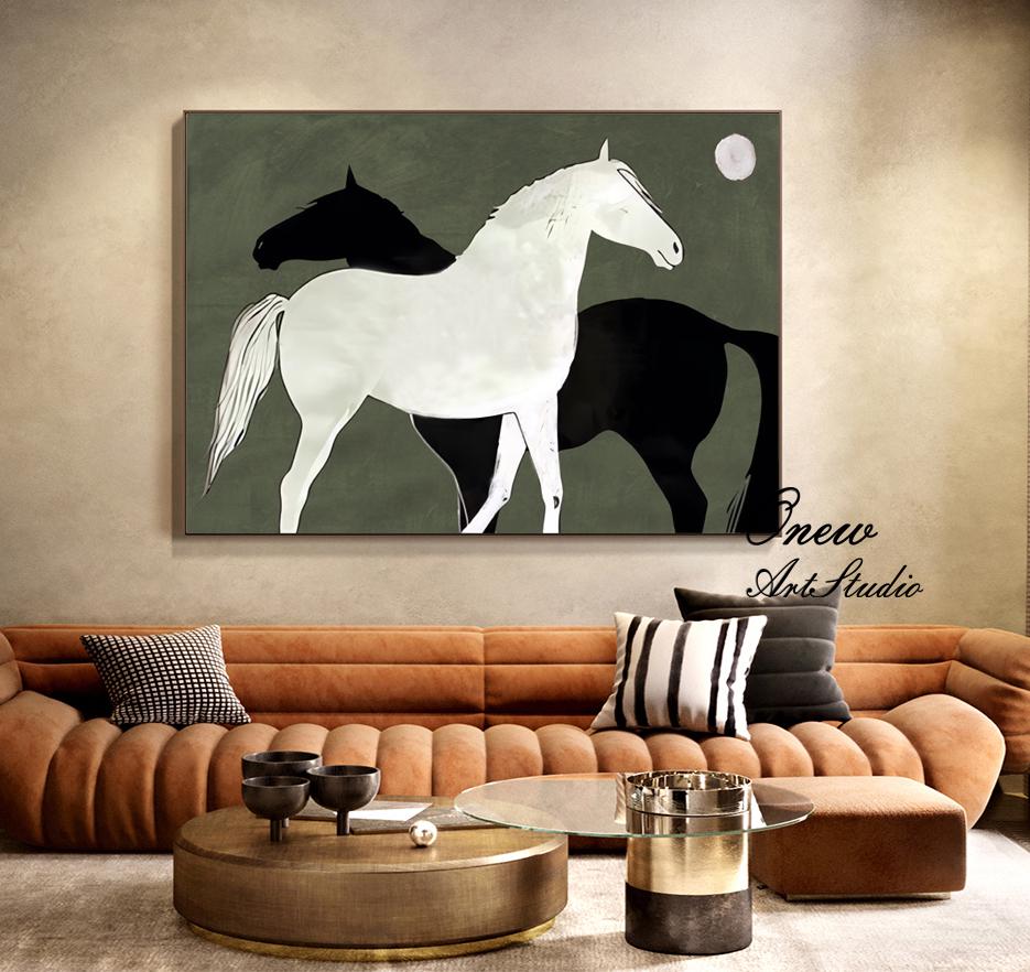 Abstract Black and White Horses oil painting on Canvas, Large Original Horse Canvas Art, Modern Animal Painting for Living Room, Home Décor