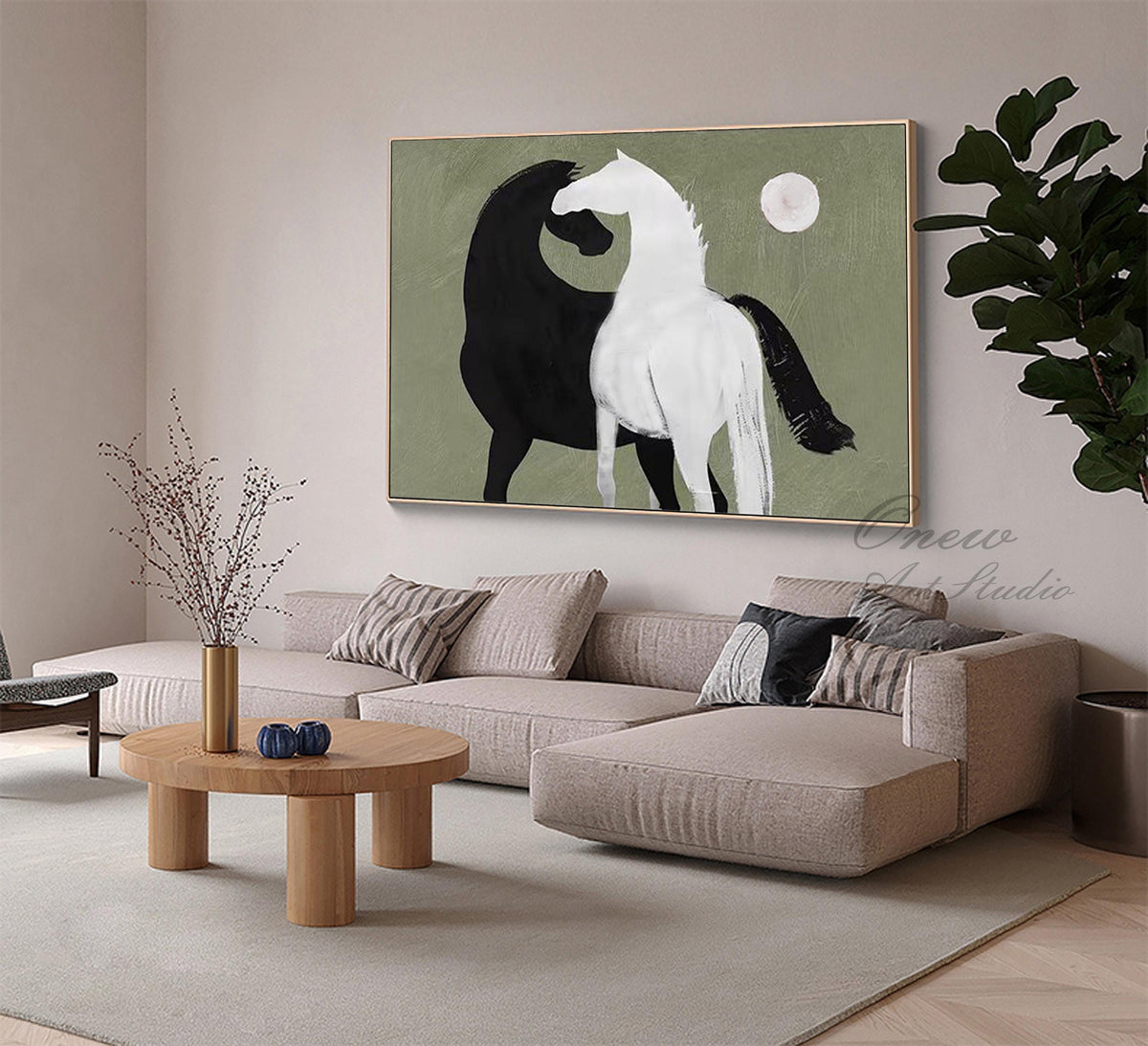 Abstract Black and White Horses oil painting on Canvas, Large Original Horse Canvas Art, Modern Animal Painting for Living Room, Home Décor