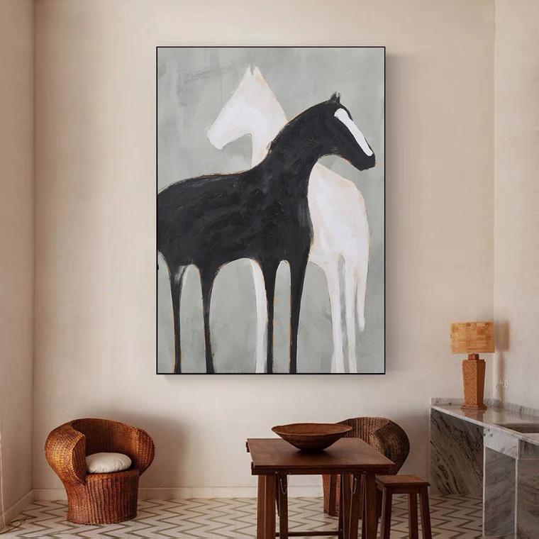 Abstract Black and White Horse Oil Painting on Canvas, Large Original Horses Canvas Wall Art, Modern Animal Wall Art for Living Room Bedroom