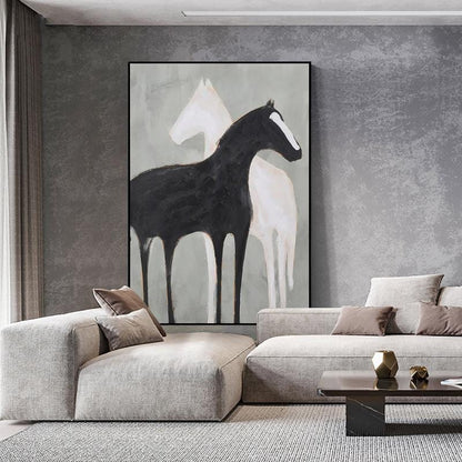 Abstract Black and White Horse Oil Painting on Canvas, Large Original Horses Canvas Wall Art, Modern Animal Wall Art for Living Room Bedroom