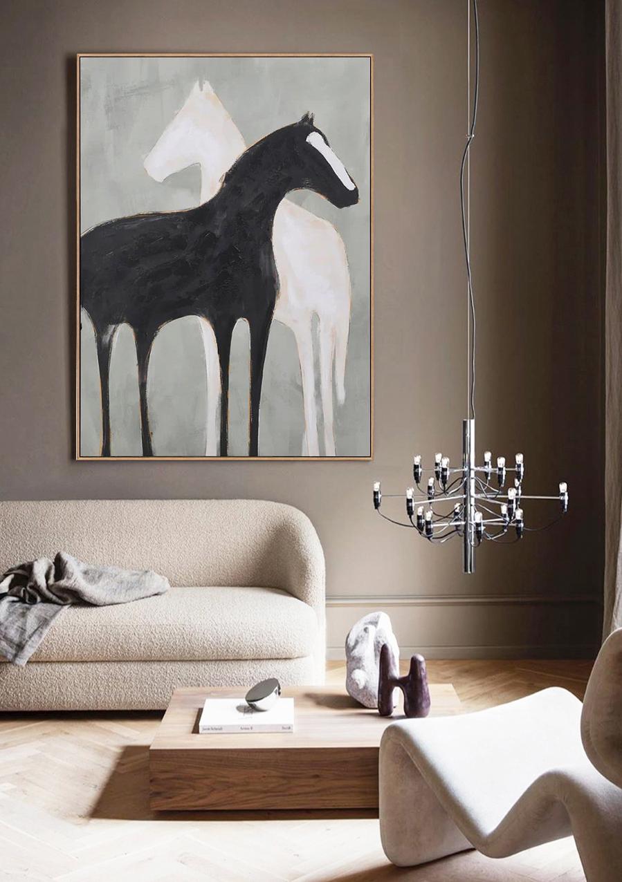 Abstract Black and White Horse Oil Painting on Canvas, Large Original Horses Canvas Wall Art, Modern Animal Wall Art for Living Room Bedroom