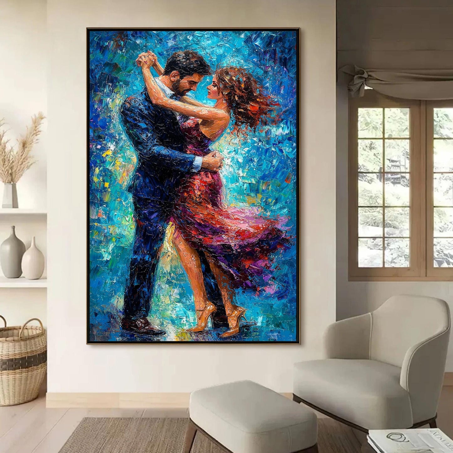 Abstract Dancing Couple Painting, Vibrant Colorful Portrait, Modern Wall Art, Anniversary Gift – Colorful Couple Figure Portr