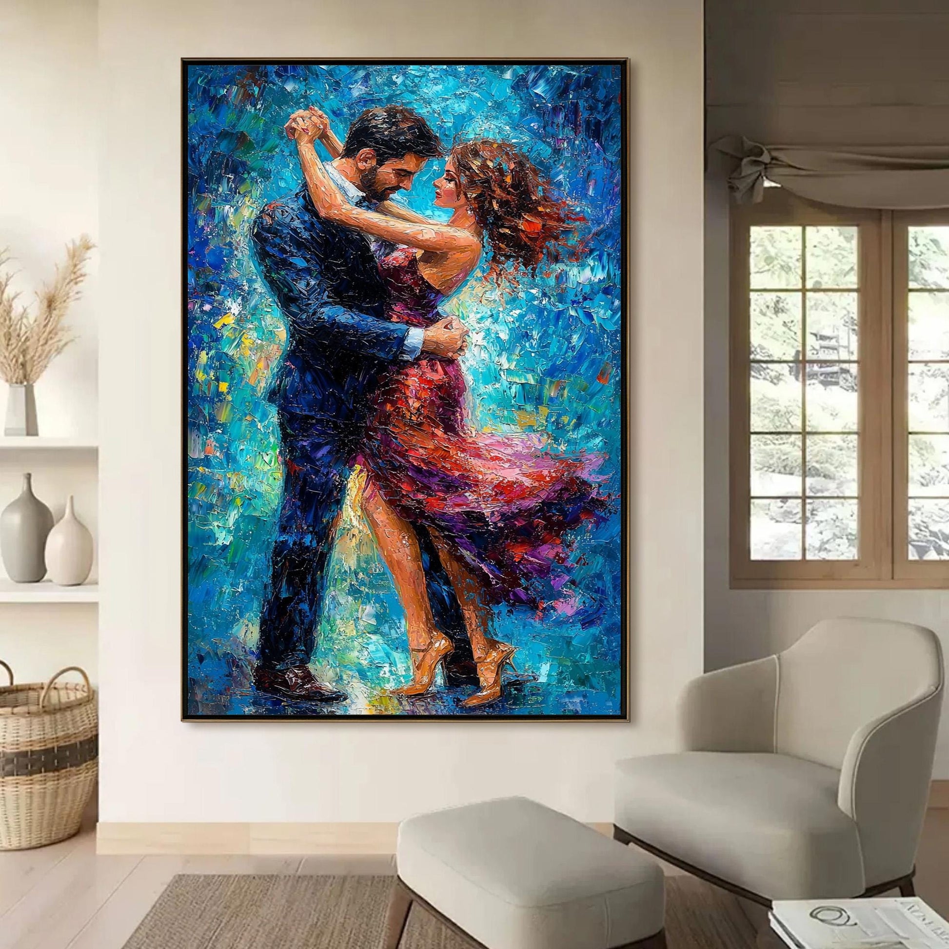 Abstract Dancing Couple Painting, Vibrant Colorful Portrait, Modern Wall Art, Anniversary Gift – Colorful Couple Figure Portr
