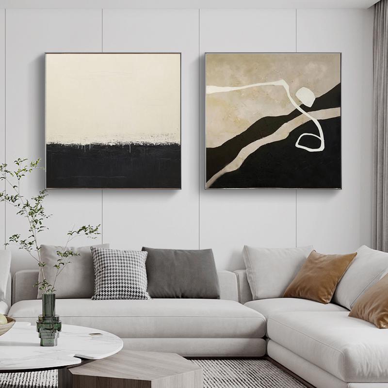 Extra Large Abstract Canvas Wall Art, Original Beige and Black Abstract Oil Painting, Modern Minimalist Wall Art for Living Room, Home Décor