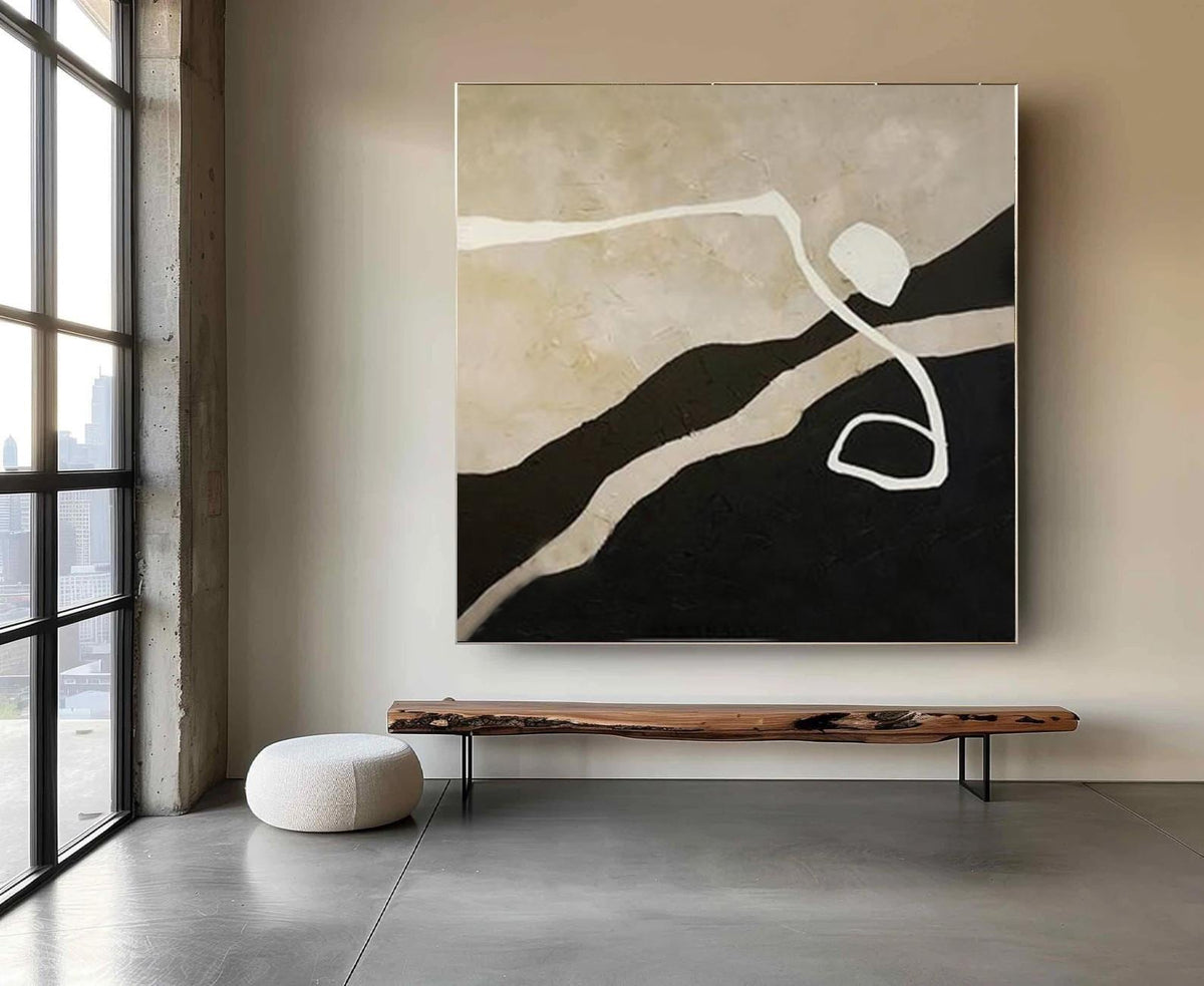 Extra Large Abstract Canvas Wall Art, Original Beige and Black Abstract Oil Painting, Modern Minimalist Wall Art for Living Room, Home Décor