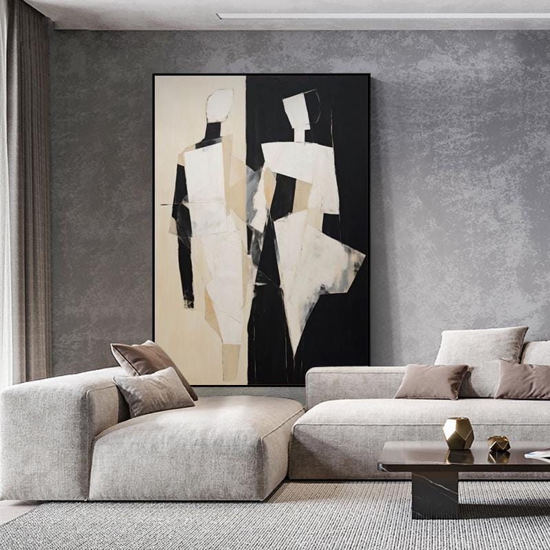Large Abstract Figure Canvas Wall Art, Modern Hand-painted Geometric Oil Painting on Canvas, Minimalist Wall Art for Living Room, Home Décor
