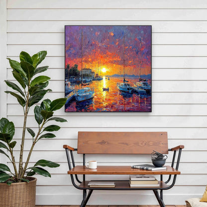 Orange and Pink Textured Sailboat 3D Texture Wall Art – Vibrant Sunset Harbor Painting