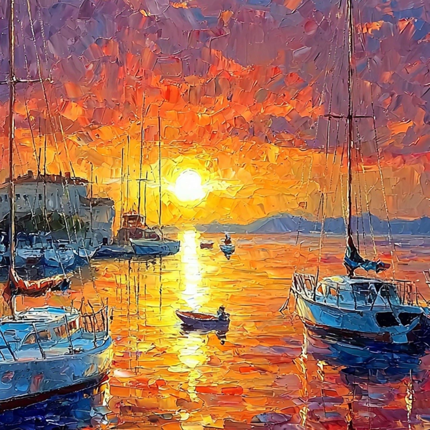 Vibrant Sunset Harbor Painting – Orange and Pink Sailboat 3D Texture Wall Art | Textured Painting, view 3