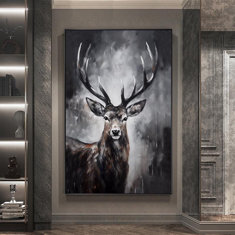 Large Abstract Deer Oil Painting on Canvas, Original Hand-painted Stag Canvas Wall Art, Modern Animal Painting for Living Room, Home Décor
