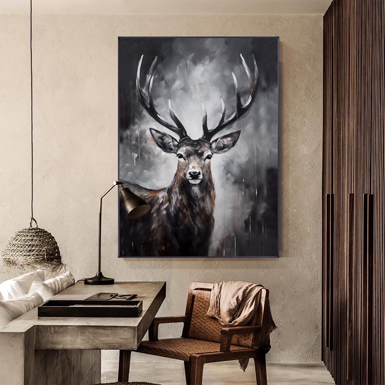 Large Abstract Deer Oil Painting on Canvas, Original Hand-painted Stag Canvas Wall Art, Modern Animal Painting for Living Room, Home Décor