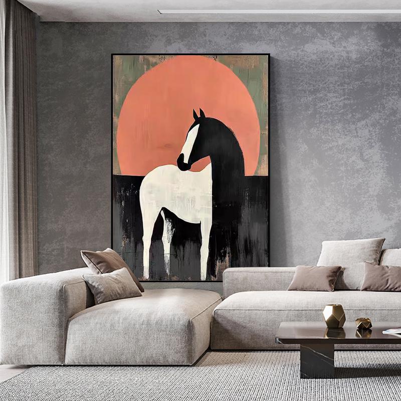 May include: Abstract art print featuring a horse. The artwork depicts a white horse with a black mane and head, set against a backdrop of a large, orange sun. The lower portion is black, creating a striking contrast.
