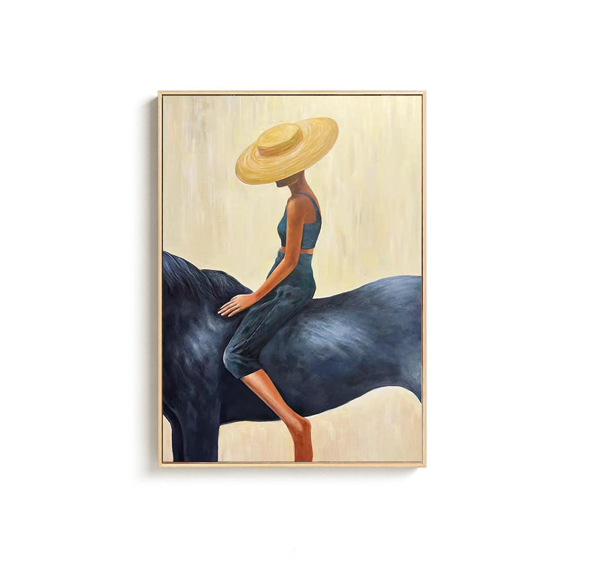 May include: An oil painting depicts a person riding a dark blue horse. The person wears a blue outfit and a large, light brown sun hat. The background is a soft, light yellow.