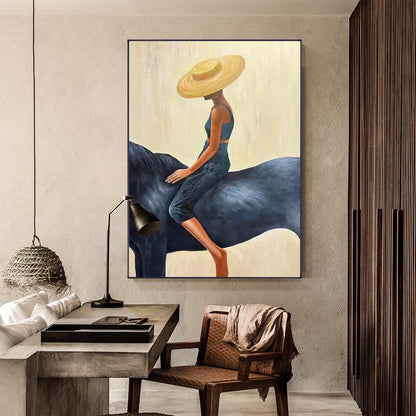 May include: An abstract painting depicts a person riding a dark blue horse. The person wears a blue outfit and a wide-brimmed straw hat. The background is a light yellow color.