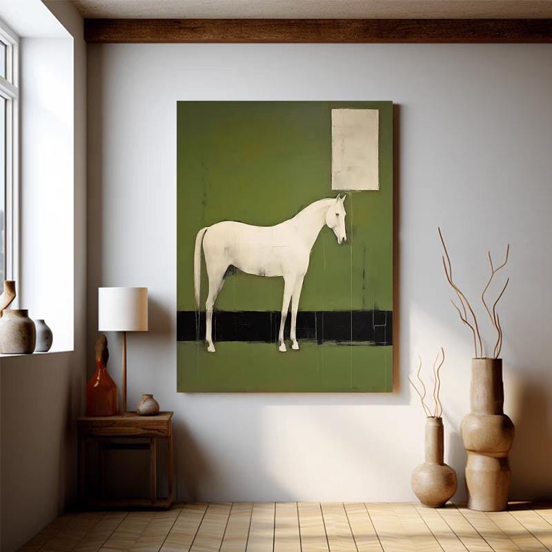Abstract White Horse Oil Painting on Canvas, Original Horse Canvas Wall Art, Modern Hand-painted Animal Painting for Living Room, Home Décor