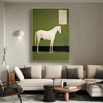 Abstract White Horse Oil Painting on Canvas, Original Horse Canvas Wall Art, Modern Hand-painted Animal Painting for Living Room, Home Décor