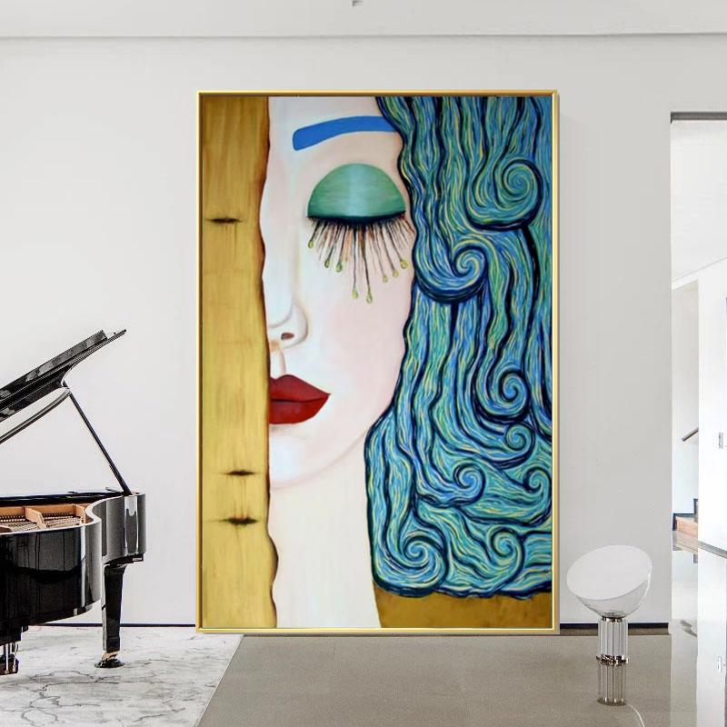 May include: A large framed painting featuring a stylized portrait of a woman. The woman's face is partially obscured by a vertical gold panel. She has blue hair, a teal eye, and red lips. The painting is in a gold frame.