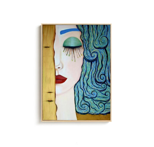 May include: An artistic painting of a woman's face with closed eyes, red lips, and blue hair. The artwork features a gold background and a gold frame. The woman's eye is green with long eyelashes. The painting is a portrait.