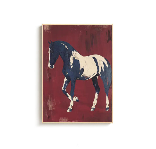 May include: A framed art print featuring a horse in a striking pose. The horse is depicted in navy blue and white against a deep red background. The artwork has a textured, painted appearance, and is set within a simple wooden frame.