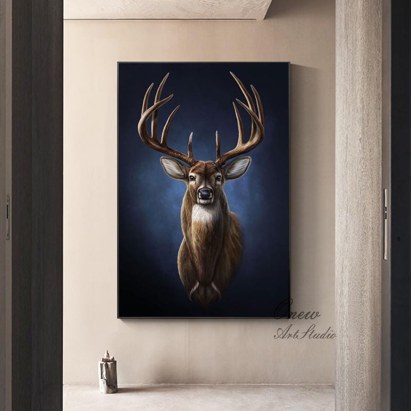 Large Classical Deer Oil Painting on Canvas, Original Hand-painted Stag Canvas Wall Art, Modern Animal Painting for Living Room, Home Décor