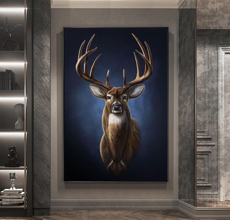 Large Classical Deer Oil Painting on Canvas, Original Hand-painted Stag Canvas Wall Art, Modern Animal Painting for Living Room, Home Décor