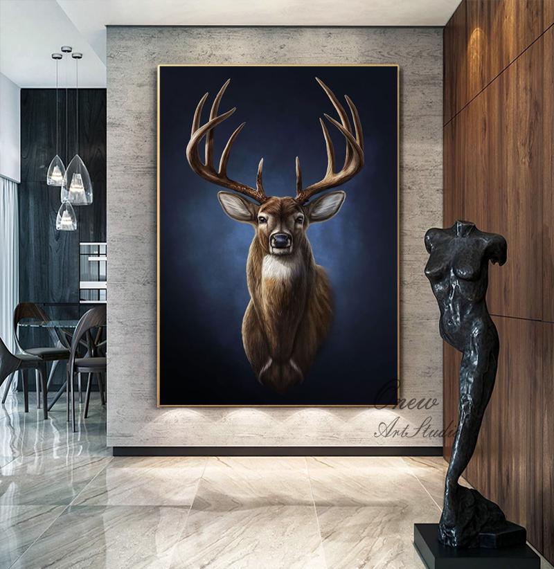 Large Classical Deer Oil Painting on Canvas, Original Hand-painted Stag Canvas Wall Art, Modern Animal Painting for Living Room, Home Décor