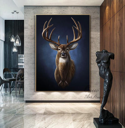 Large Classical Deer Oil Painting on Canvas, Original Hand-painted Stag Canvas Wall Art, Modern Animal Painting for Living Room, Home Décor