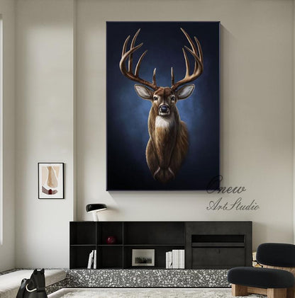 Large Classical Deer Oil Painting on Canvas, Original Hand-painted Stag Canvas Wall Art, Modern Animal Painting for Living Room, Home Décor