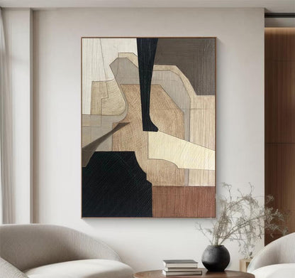 Black Beige Abstract Canvas Painting – Minimalist Wabi-Sabi Wall Art – Abstract Painting