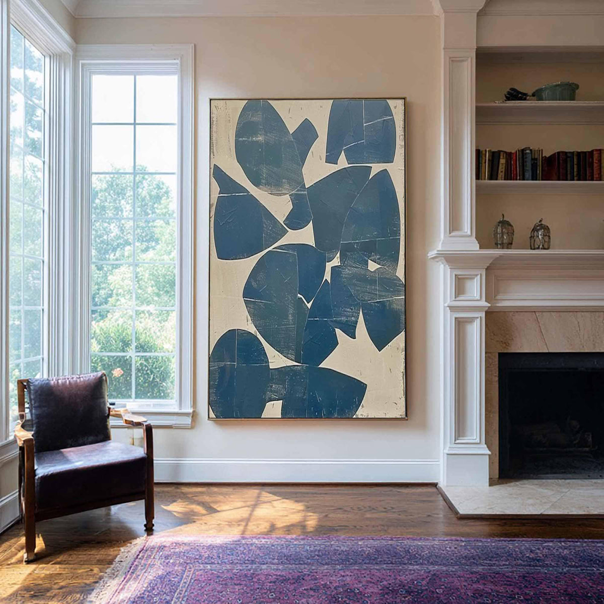 Teal Blue Organic Shape Wall Art Beige Abstract Canvas Painting for Modern Entryway Decor