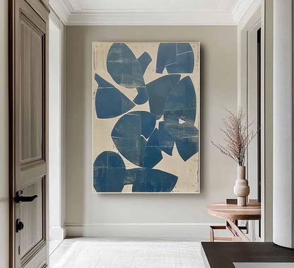Teal Blue Organic Shape Wall Art Beige Abstract Canvas Painting for Modern Entryway Decor
