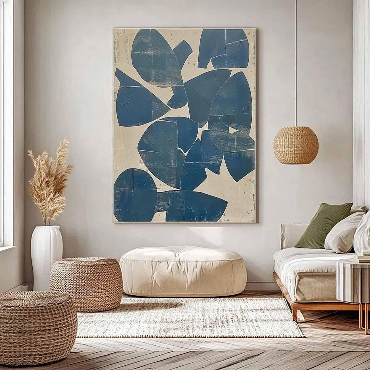 Teal Blue Organic Shape Wall Art Beige Abstract Canvas Painting for Modern Entryway Decor