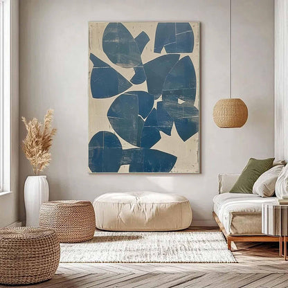Teal Blue Organic Shape Wall Art Beige Abstract Canvas Painting for Modern Entryway Decor