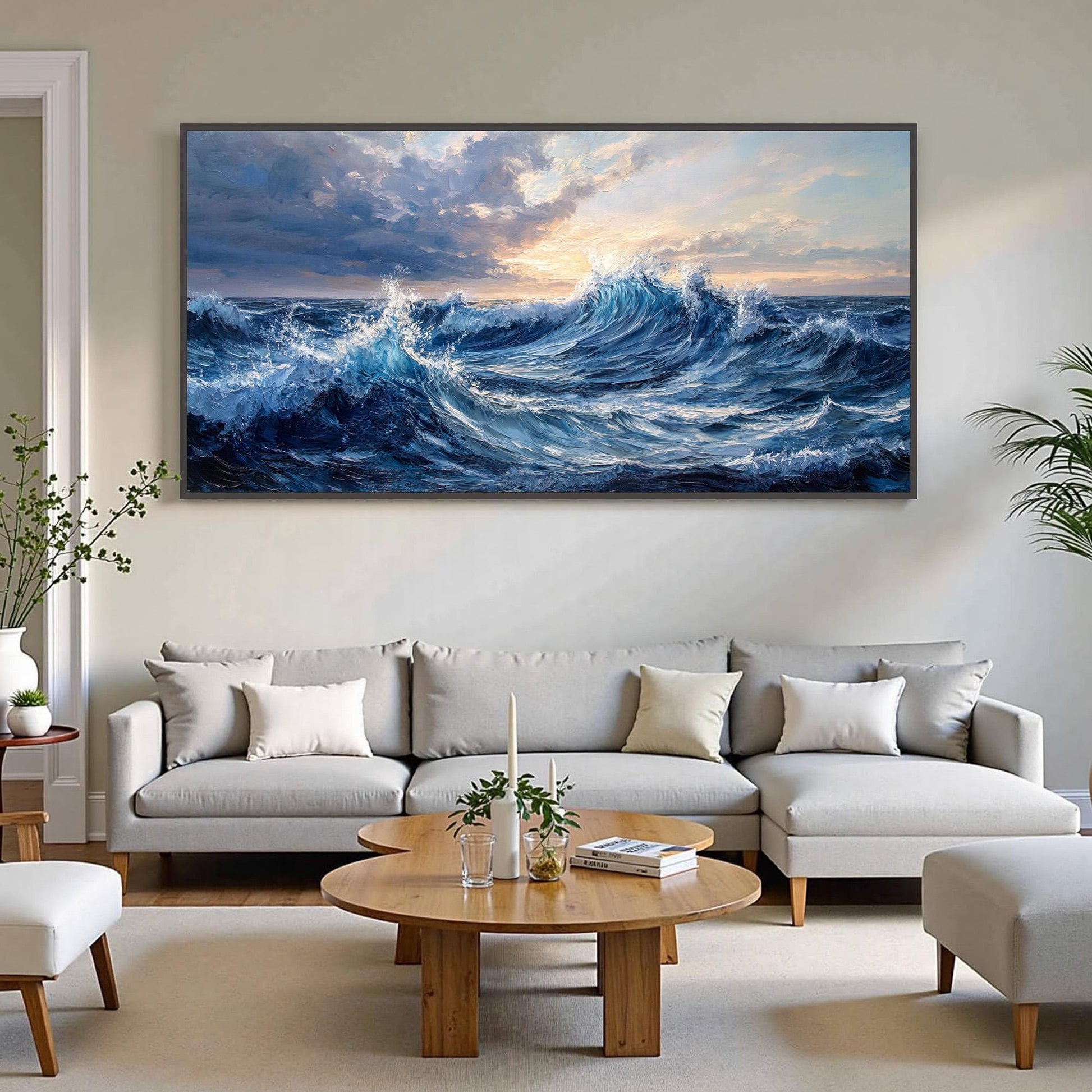 Abstract Ocean Wave Impasto Oil Painting, Blue Sunrise Seascape Wall Art – Blue Ocean Wave Seascape Wall Art | Abstract Impas
