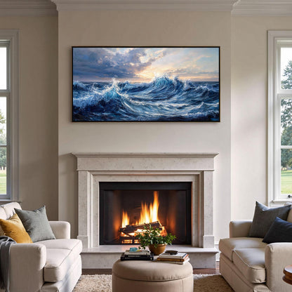 Blue Sunrise Ocean Wave Oil Painting – Abstract Impasto Seascape Wall Art