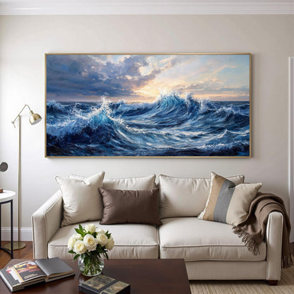 Abstract Ocean Wave Impasto Oil Painting, Blue Sunrise Seascape Wall Art – Blue Ocean Wave Seascape Wall Art | Abstract Impas