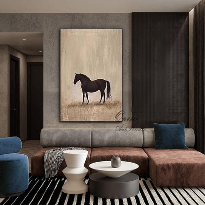 May include: A framed canvas art print featuring a dark brown horse silhouette against a beige background. The artwork is displayed in a modern living room setting, with a brown and gray sectional sofa, a blue armchair, and a striped rug.