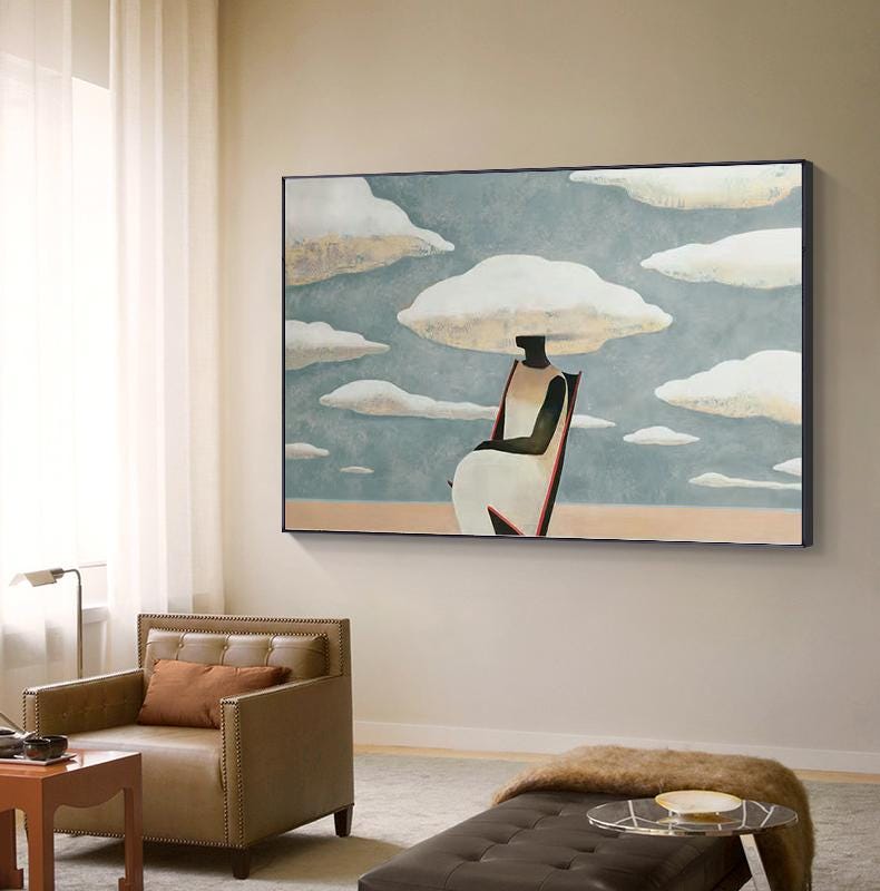 Large Abstract Black Woman Painting on Canvas, Original Beach and Clouds Canvas Wall Art, Modern Woman at Beach Painting for Living Room