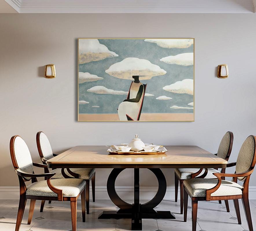 Large Abstract Black Woman Painting on Canvas, Original Beach and Clouds Canvas Wall Art, Modern Woman at Beach Painting for Living Room