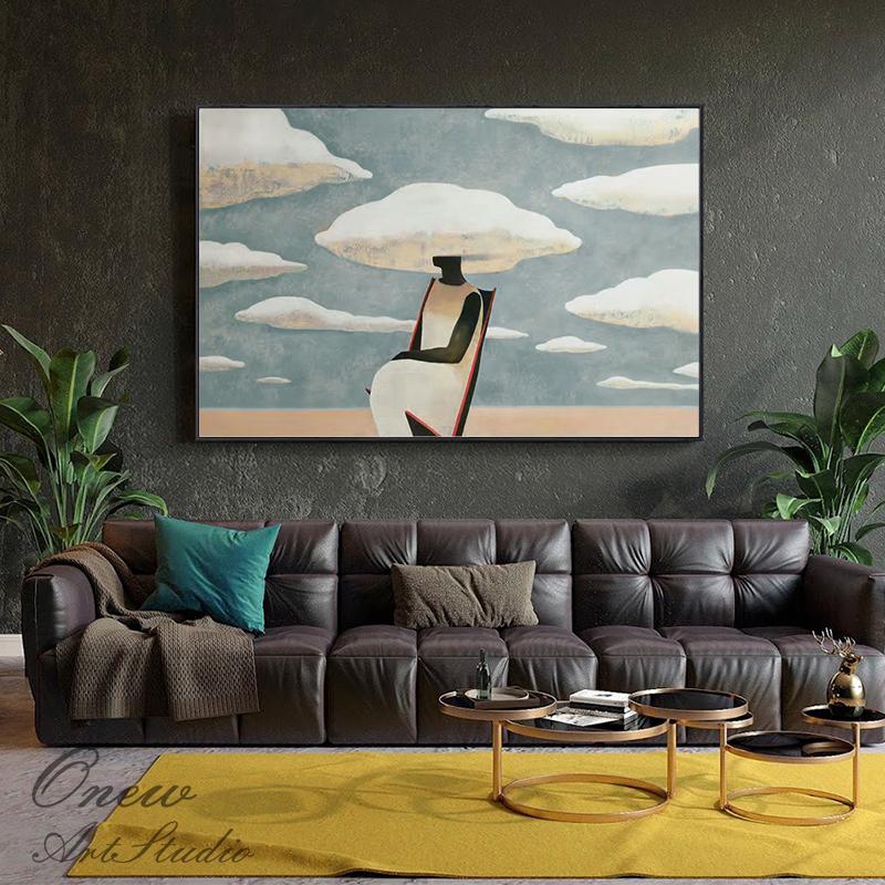 Large Abstract Black Woman Painting on Canvas, Original Beach and Clouds Canvas Wall Art, Modern Woman at Beach Painting for Living Room